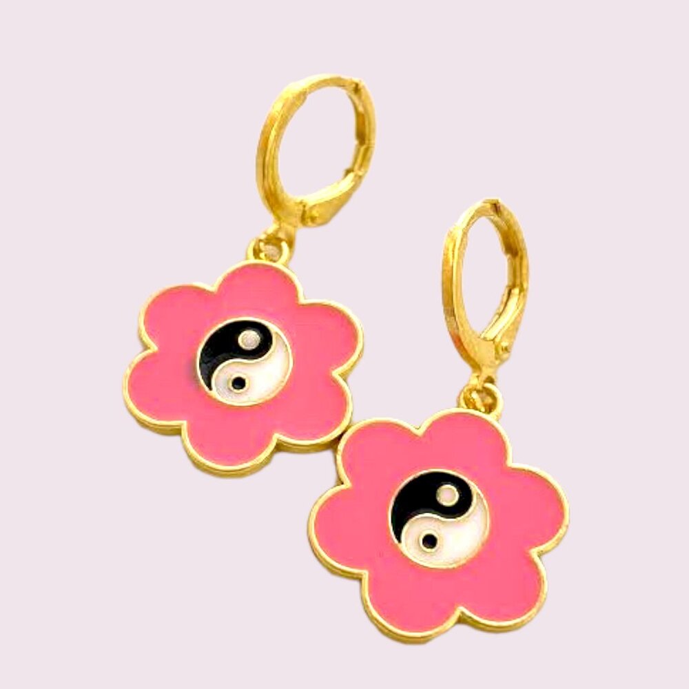 Yin Yang Flower Huggie Hoop Earrings - Stainless Steel